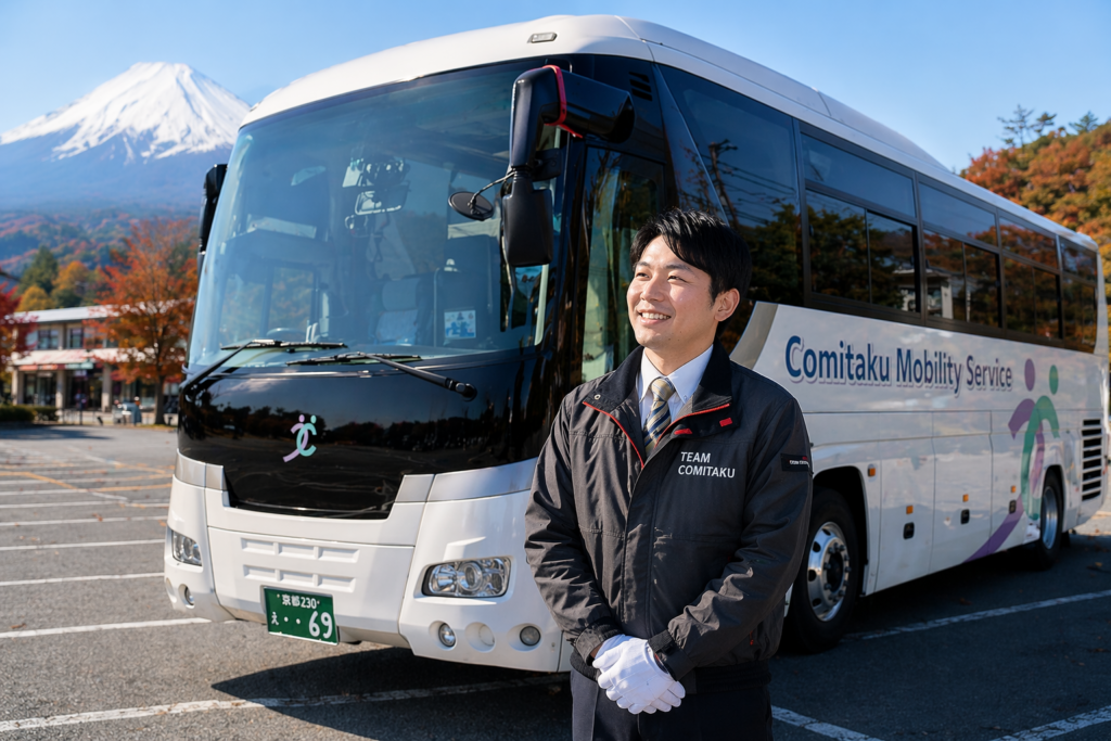 コミタクモビリティサービスの観光バスの前でインタビューを受ける男性バス運転手