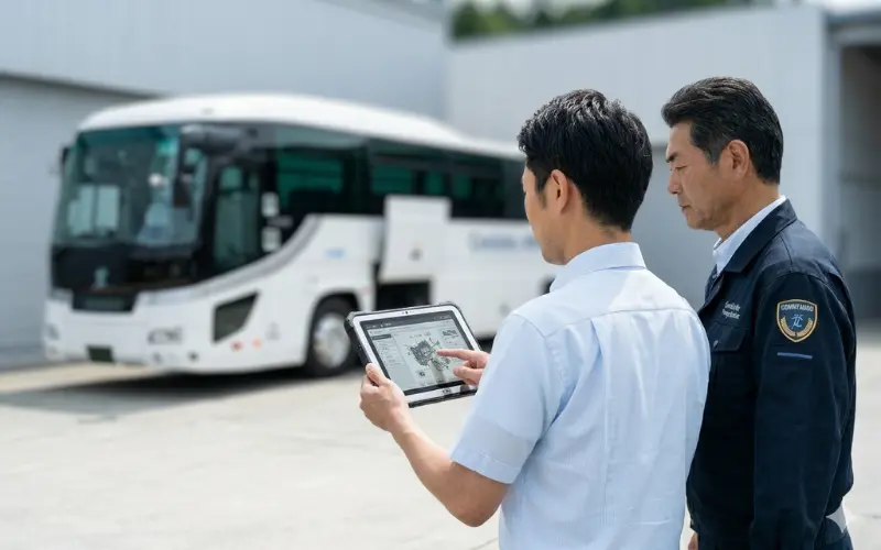 新人バス運転士が研修を受けている様子